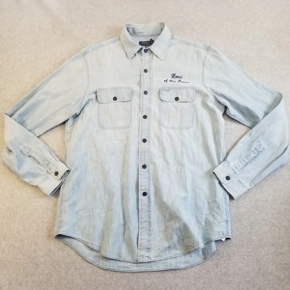Polo Ralph Lauren Shirt Mens M Blue Denim Embroidered Eagle Brave American Flag